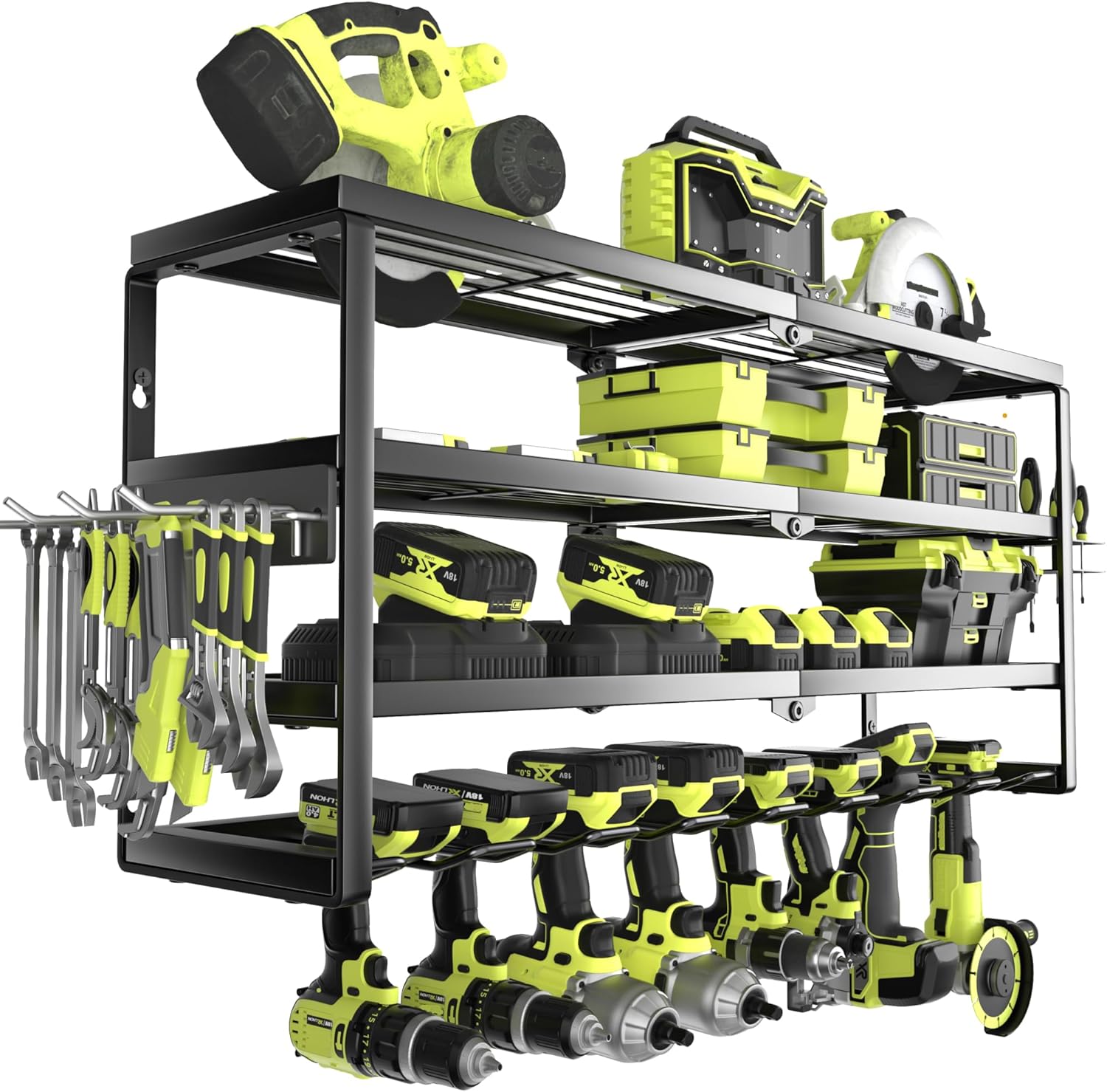 Power Tools Rack - 4-Schichtiger Wandmontierter Elektrowerkzeug-Organizer mit Ladestation, Schwerlast-Akku-Bohrmaschinenhalter